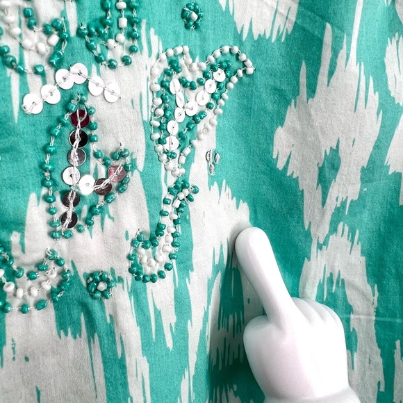 Brooks Brothers 346 Womens Sz XS Teal Green Beaded Tropical Blouse Shirt Top - Picture 9 of 10